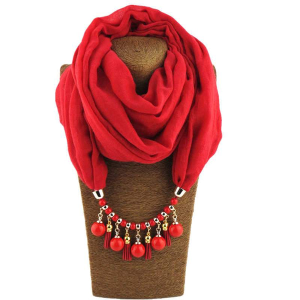 Women Acrylic Sphere Shape Pendant Suede Tassel Beaded Polyester Scarf Necklace