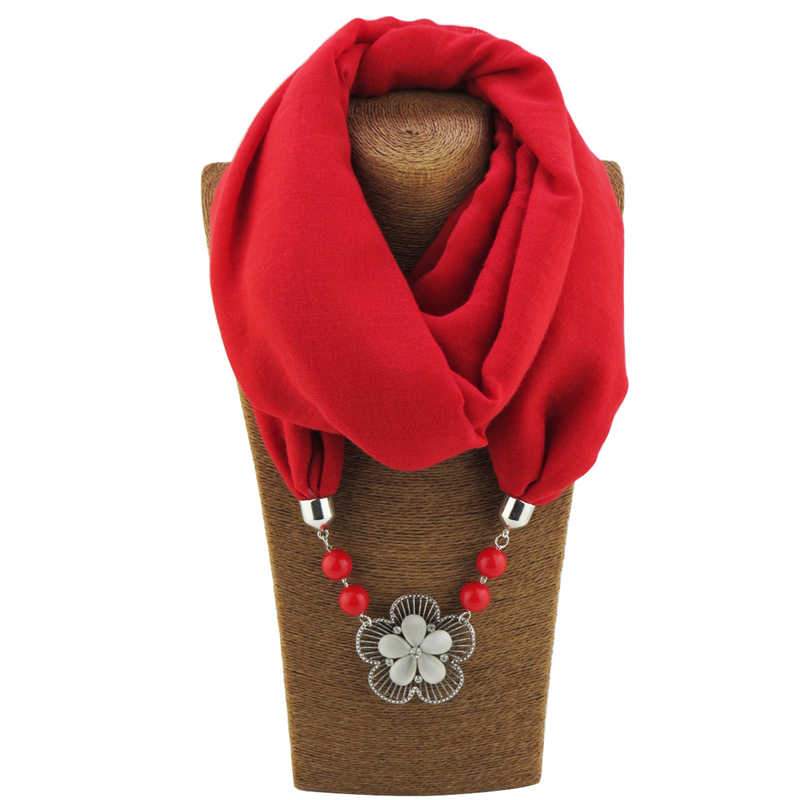 Women Elegant Opal Flower Pendant Hollow Alloy Pendant Acrylic Beads Decoration Polyester Scarf Necklace