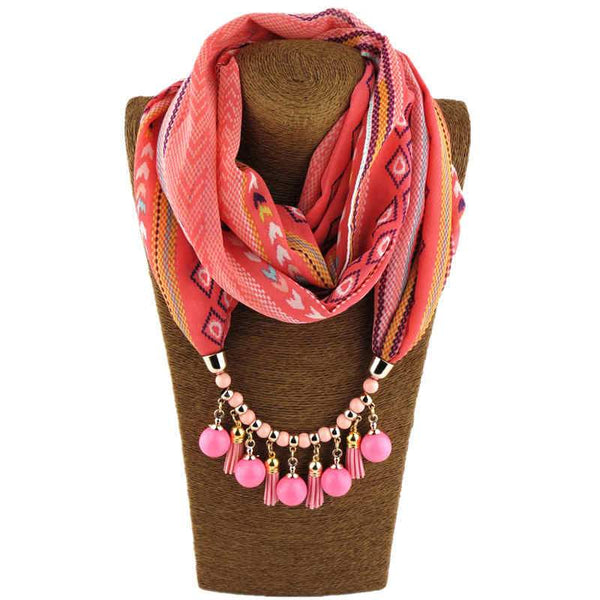 Women Active Acrylic Sphere Shape Pendant Suede Tassel Beaded Chiffon Scarf Necklace