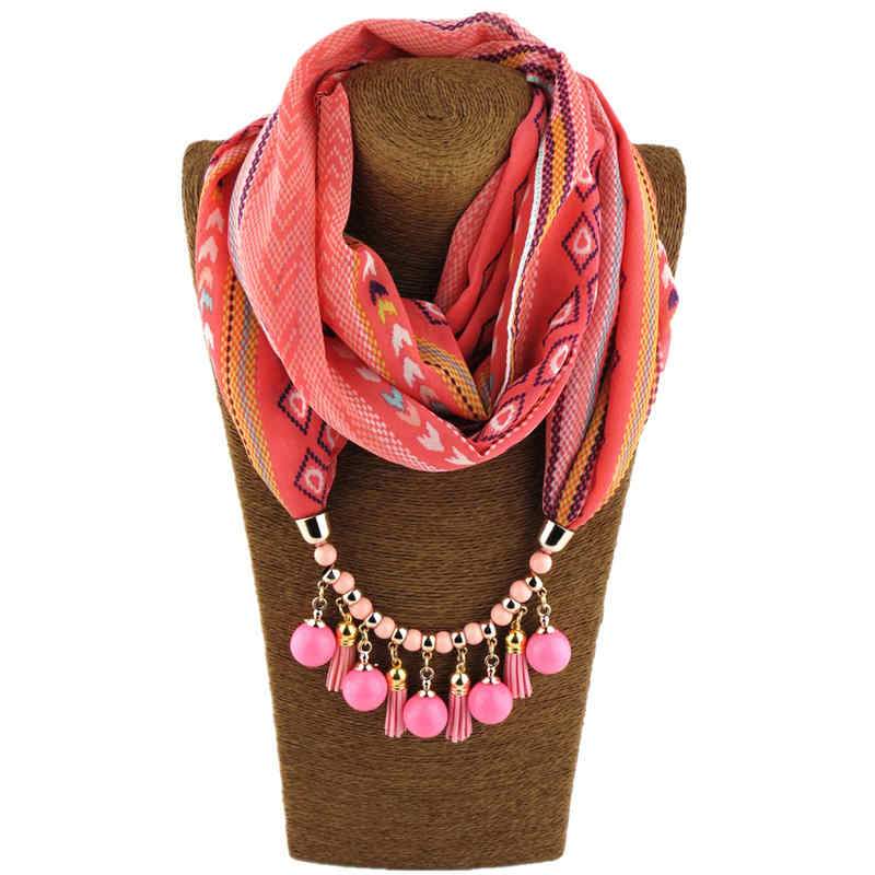Women Active Acrylic Sphere Shape Pendant Suede Tassel Beaded Chiffon Scarf Necklace