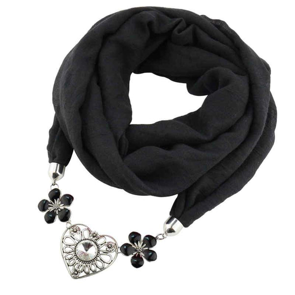 Women Lovely Hollow Heart Flower Shape Pendant Polyester Scarf Necklace