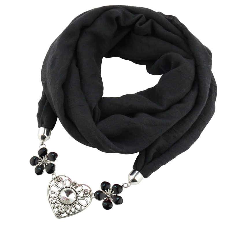Women Lovely Hollow Heart Flower Shape Pendant Polyester Scarf Necklace