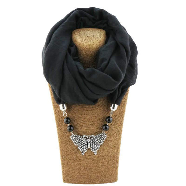 Women Graceful Hollow Butterfly Shape Alloy Pendant Acrylic Beads Decoration Polyester Scarf Necklace