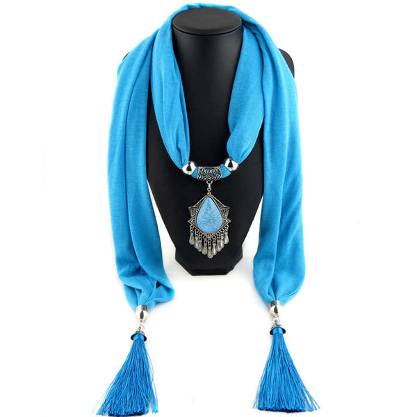 Lady Water Drop Shape Resin Alloy Pendant Tassel Polyester Scarf Necklace