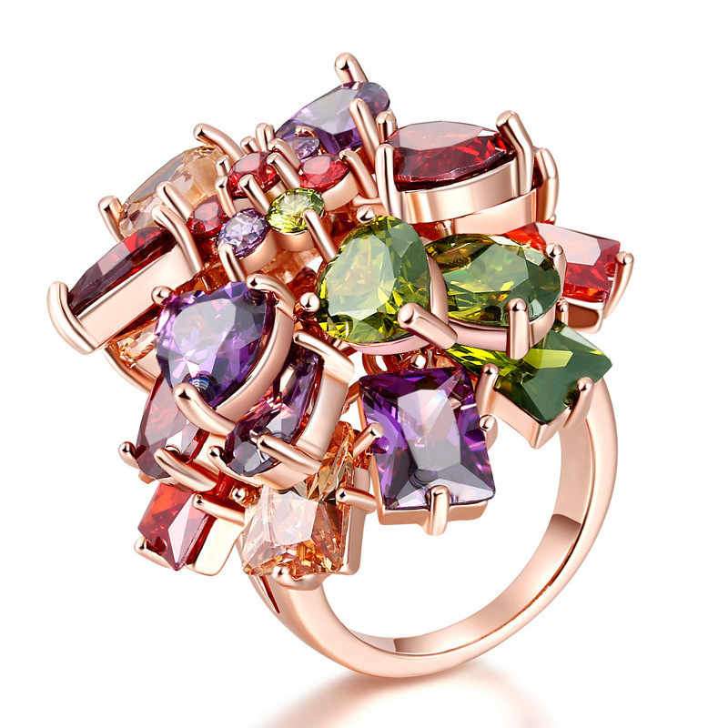 Luxurious Style Fashion Jewelry Prong Setting Multicolor Zircon Brass Lady Ring