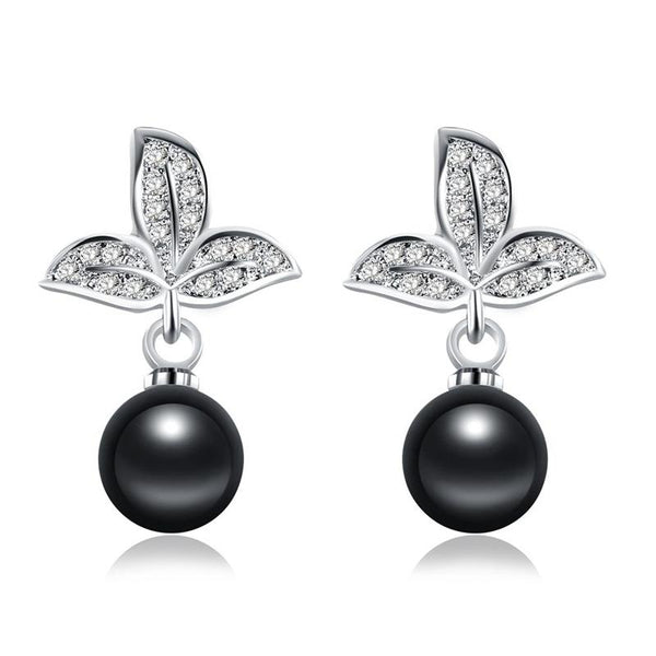 Cute Black Pearl Latest Leave Design Stud Earrings