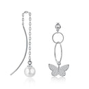 925 Silver Pearl Dangle And Butterfly Shape Asymmetric Earrings