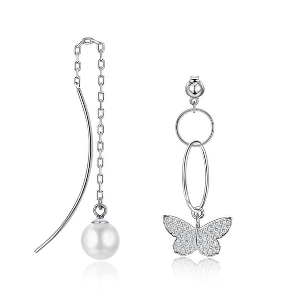 925 Silver Pearl Dangle And Butterfly Shape Asymmetric Earrings