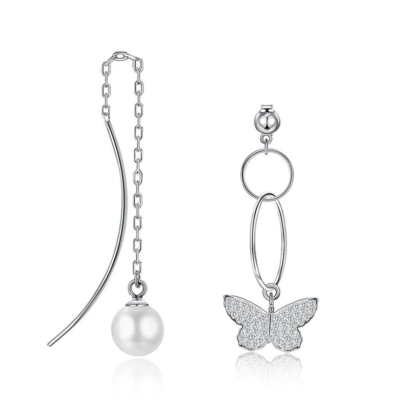 925 Silver Pearl Dangle And Butterfly Shape Asymmetric Earrings