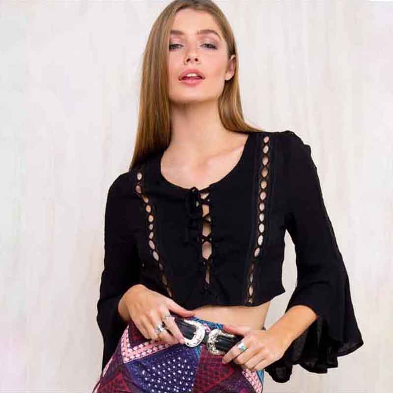 Fashion Woman Loose Long Flare Sleeve Embroidery Lace Blouse