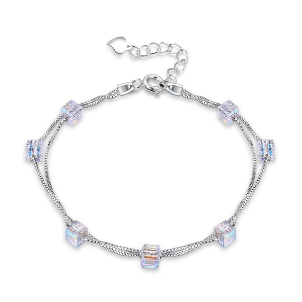 Double Layered Square Shape Crystal 925 Sterling Silver Bracelet