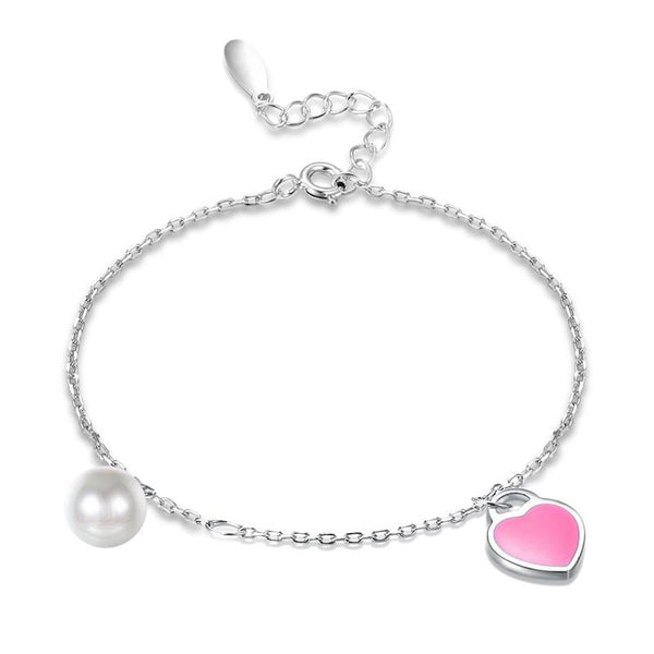 925 Sterling Silver Pearl And Pink Heart Shape Bracelet