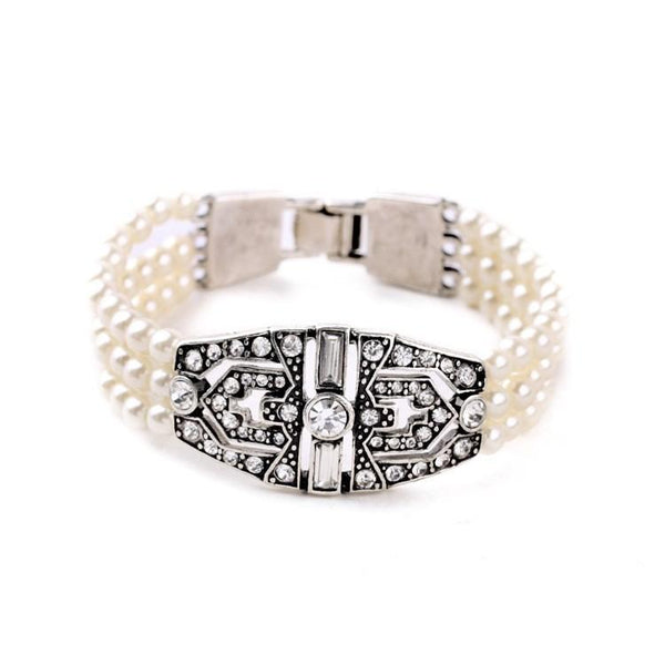 Lady Shiny Glass Decoration Hollow Shield Shape Multilayer Imitation Pearl Chain Bracelet