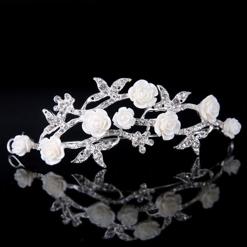 White Flower Shape Bride Leaf Pave Crystal Alloy Tiara