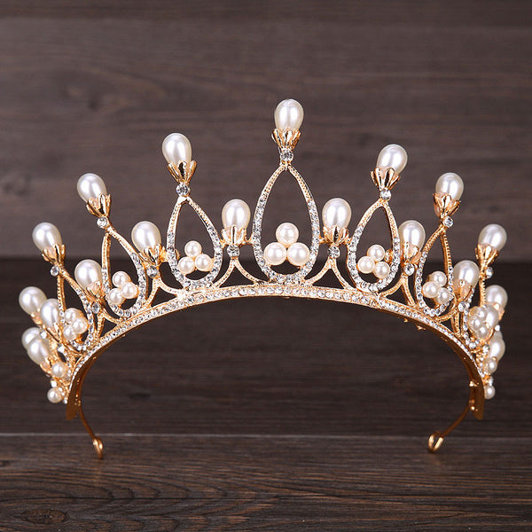 Gold Plated Oval Design Pearl Crown Bridal Wedding Hair Hoop