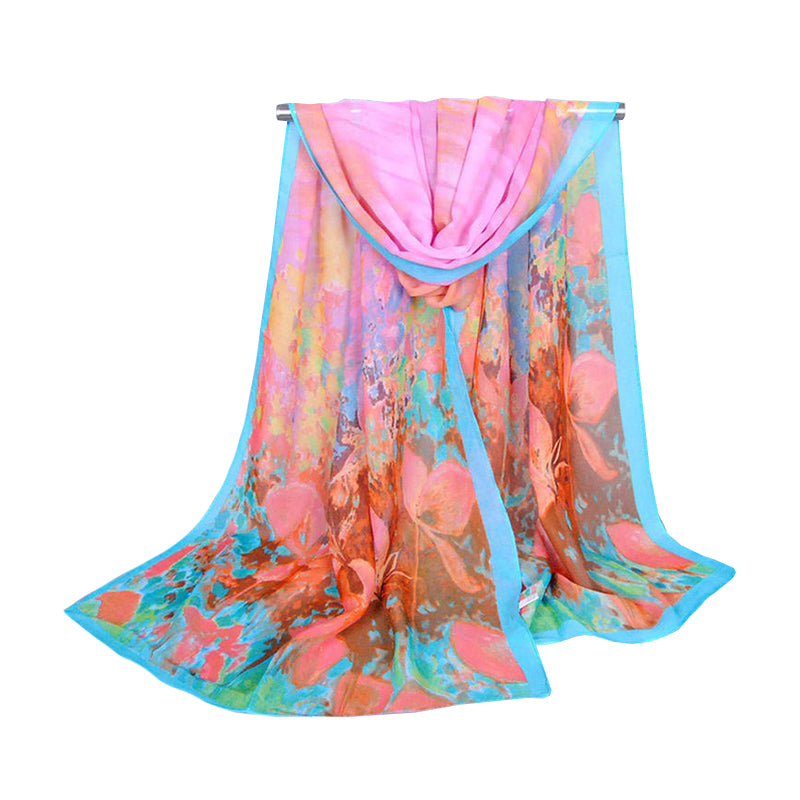 Fashion Multicolor Border Oil Painting Female's Chiffon Scarf