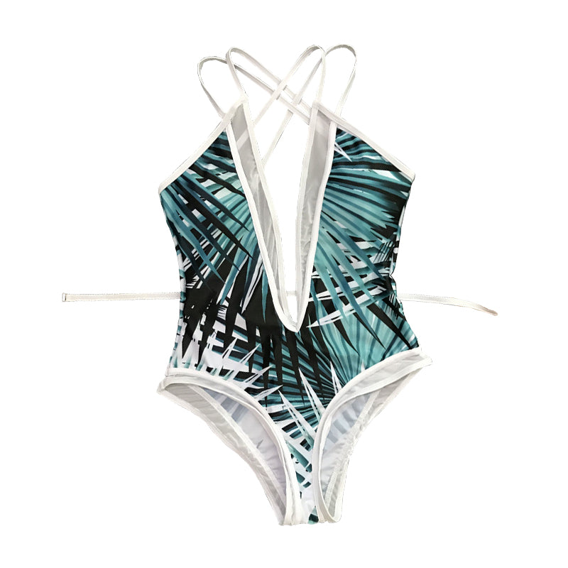 Bamboo Leaf Print One-Piece Swimsuit Women Backless Beachwear Bikini Set