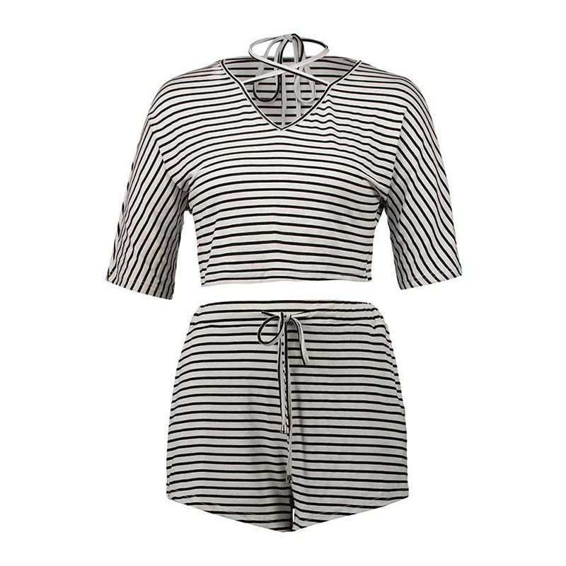 Beach Holiday V Collar Navel bind Striped Short Sleeved Two Piece Suit