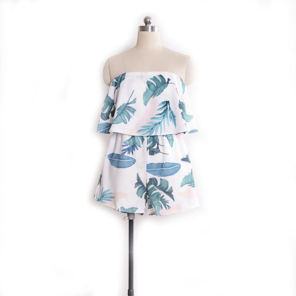 Casual Short Sleeve Off Shoulder Women Printed Romper Jumpsuit Shorts