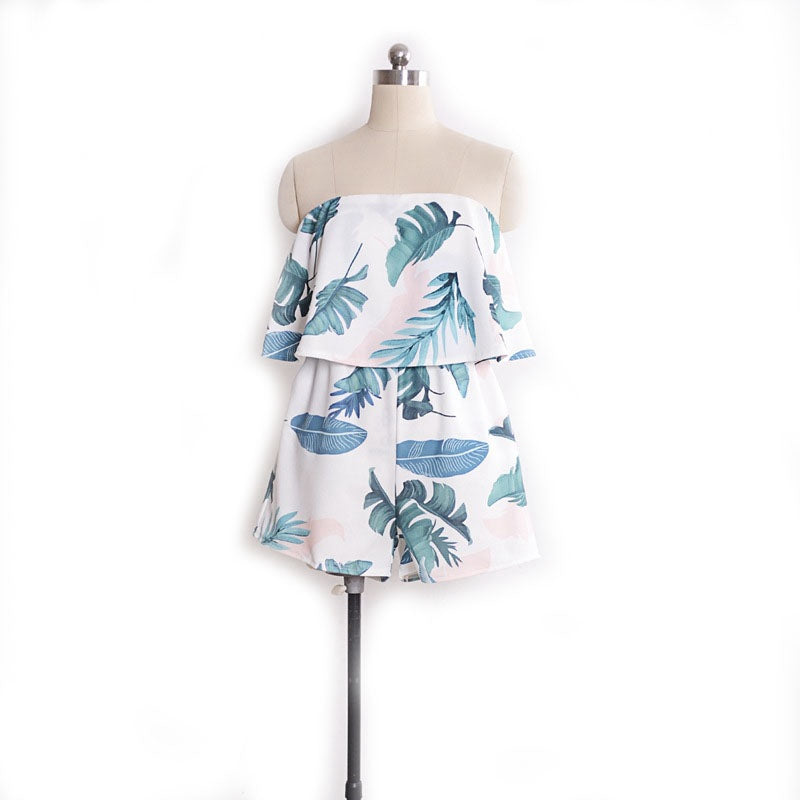 Casual Short Sleeve Off Shoulder Women Printed Romper Jumpsuit Shorts