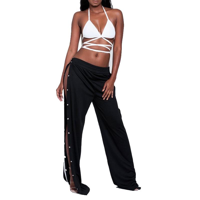 New Style Sexy Woman Rivets Buckle Split Wide Leg Pants