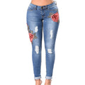 High Quality Red Flower Pattern Embroider Blue Ripped Pencil Jeans