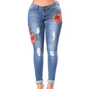 High Quality Red Flower Pattern Embroider Blue Ripped Pencil Jeans