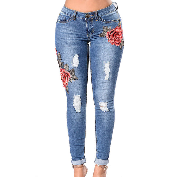 High Quality Red Flower Pattern Embroider Blue Ripped Pencil Jeans