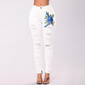 Red Flower Pattern Embroidery Design Ripped Black And White Pencil Jeans