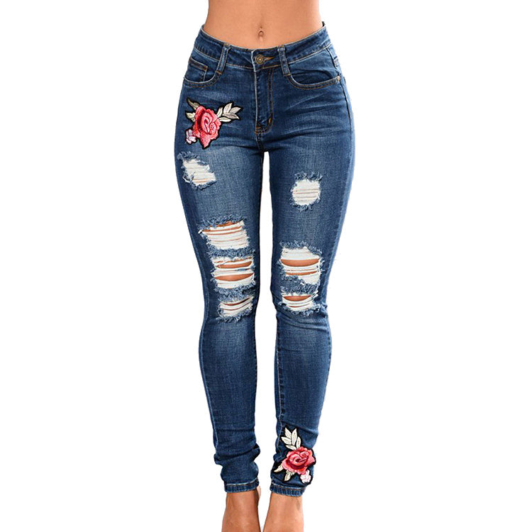 Fashion Embroidery Design Blue Ripped Blue High Rise Jeans
