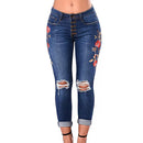 Red Flower Pattern Embroider Elastic Dark Blue Ripped Pencil Jeans