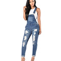 Adjustable Pocket Elastic Dark Blue Ripped Pencil Denim Overalls