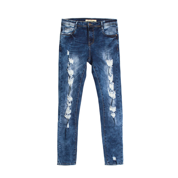 Creative Design Slim Fit Dark Blue Elastic Ripped Pencil Jeans