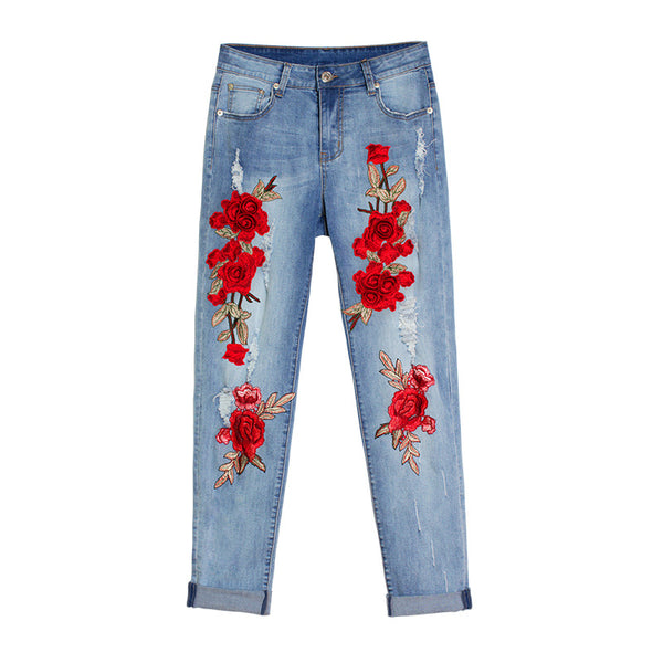 3D Big Red Flower Embroider Ripped Elastic Loose Jeans