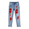 3D Big Red Flower Embroider Ripped Elastic Loose Jeans