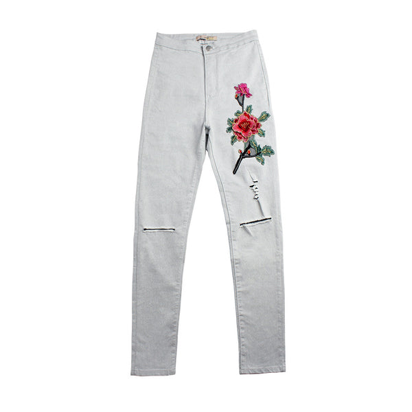Elastic Beautiful Flower Embroider Knee Ripped Grey Pencil Jeans