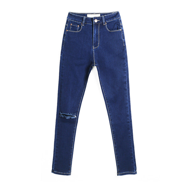 A Single Leg Ripped Slim Fit Cropped Beggar Pencil Jeans