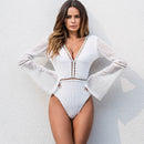 Hot Sales Polyester V-neck Solid Color Flare Sleeves Slimming Women Bodysuit