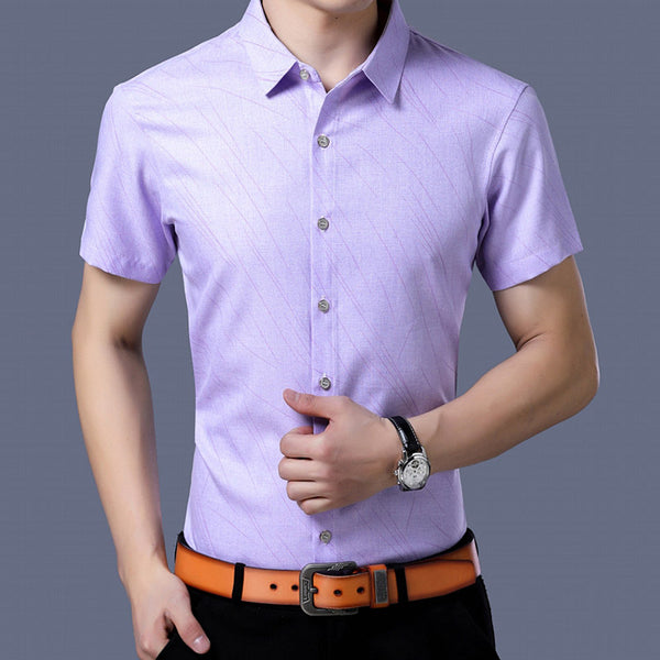 Men Fashion Lapel  Short Sleeve Business Dress Viscose Shirt