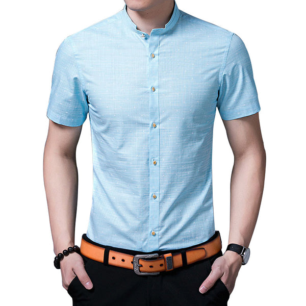 Men Hot Sale Simple Pattern Decoration Lapel Short Sleeve Cotton Shirt