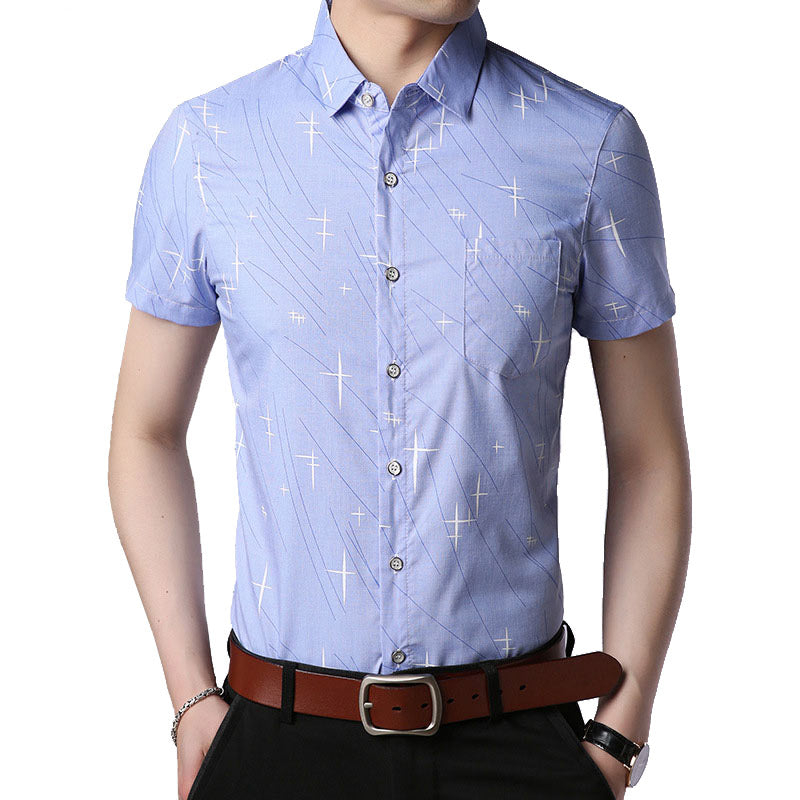 Man Simple Creative Pattern Soft Lapel Short Sleeve Cotton  Shirt