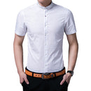 Man Simple Design Solid Color Stand Collar Short Sleeve Shirt