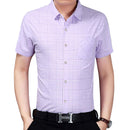 Business Man Plaid Lapel Short Sleeve Cotton Dress Shirt