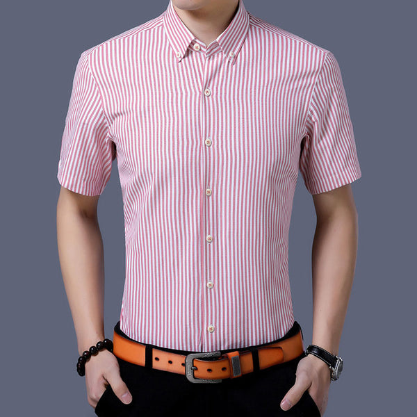 Man Simple Soft Striped Lapel Short Sleeve Cotton Shirt