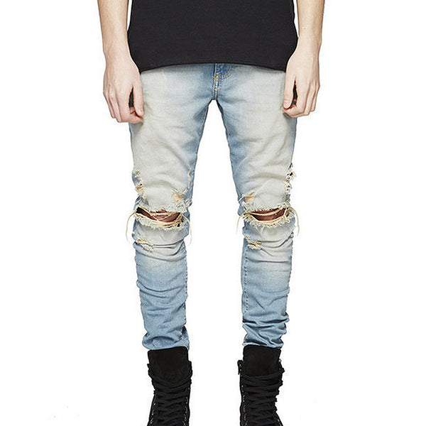 Designer Man Solid Color Ankle Slim Big Ripped Jeans