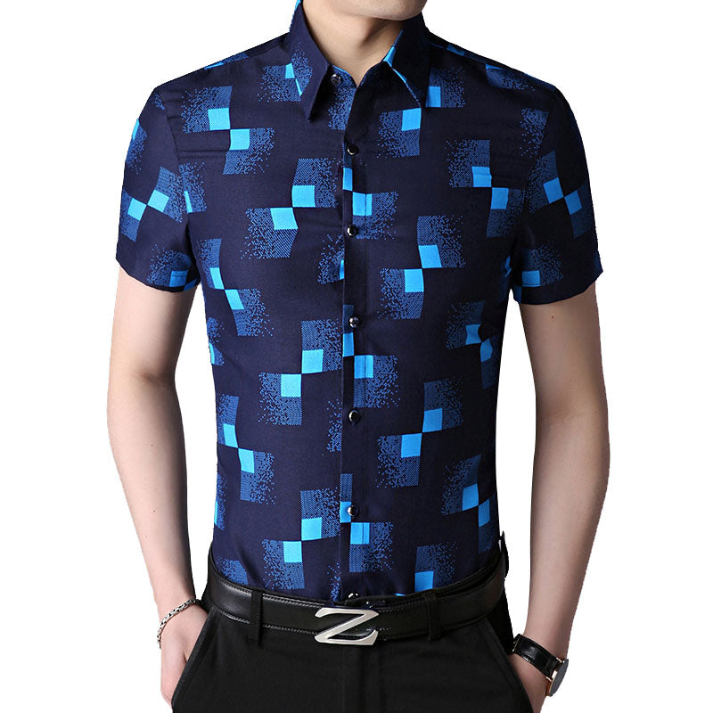 Man Fashion Slim Fit Plaid Lapel Short Sleeve Polyester Shirt