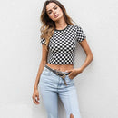 White And Black Lattice Pattern Slim Fit Round Neck Short Sleeves Crop Top