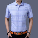 Man Stylish Plaid Pattern Lapel Short Sleeve Polyester Shirt
