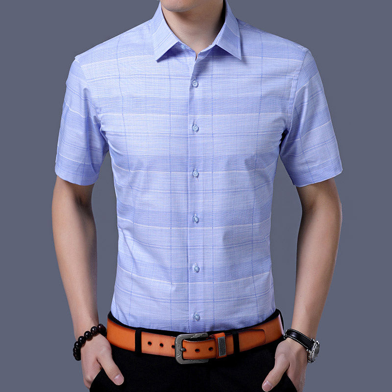 Man Stylish Plaid Pattern Lapel Short Sleeve Polyester Shirt