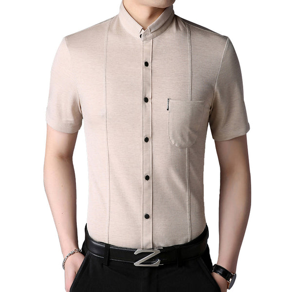 Man New Simple Lapel Short Sleeve Polyester Shirt With Breast Pocket